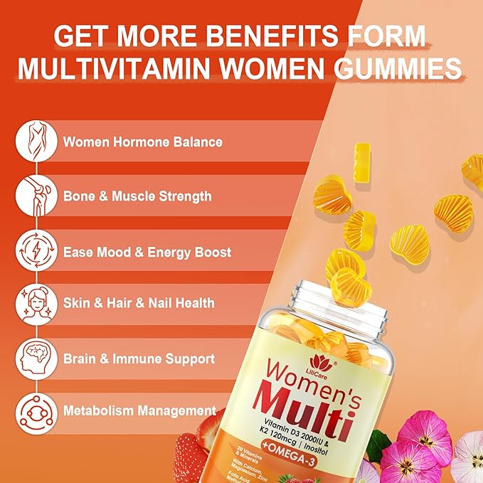 Womens Multivitamin Gummy with Omega 3（DHA/EPA), Vitamin D3 K2, Calcium, Inositol, Daily Womens Vitamin A C E B Complex, L-MethylFolate, Methyl B12,Sugar Free Methylated Multivitamins Minerals, 120Cts