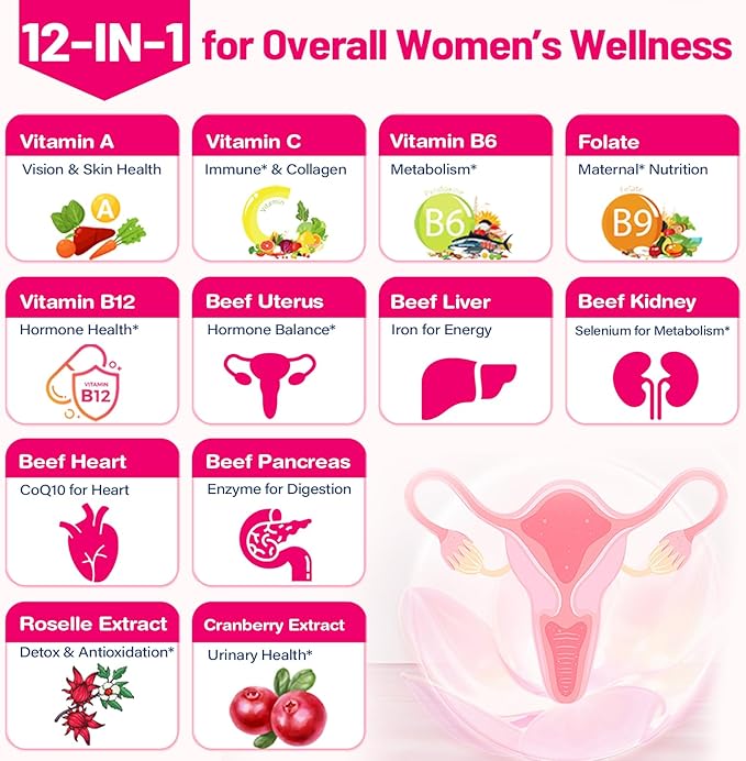 12-In-1 Beef Organ Supplement for Women - Beef Liver, Uterus, Kidney, Heart, Pancreas, 5 Vitamins & 2 Herbs, Hormone Balance, Menstruation, Energy, Immune - 100% Grass Fed, Pasture Raise - 120 Caps
