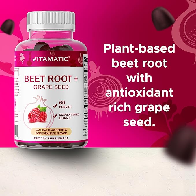 Vitamatic Beet Root Gummies with B6, B12, Grape Seed, Pomegranate & Nicotinamide – Plant-Based Extract – Vegan, Non-GMO – Botanical Supplement Gummies – 60 Count - 2 Pack (120 Count)