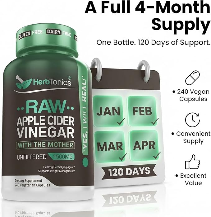 Herbtonics Raw Apple Cider Vinegar Capsules 1500mg with Mother | Weight Management, Detox & Digestion Formula with GLP-1 Support | Unfiltered ACV for Metabolic Support | 240 Vegan Capsules