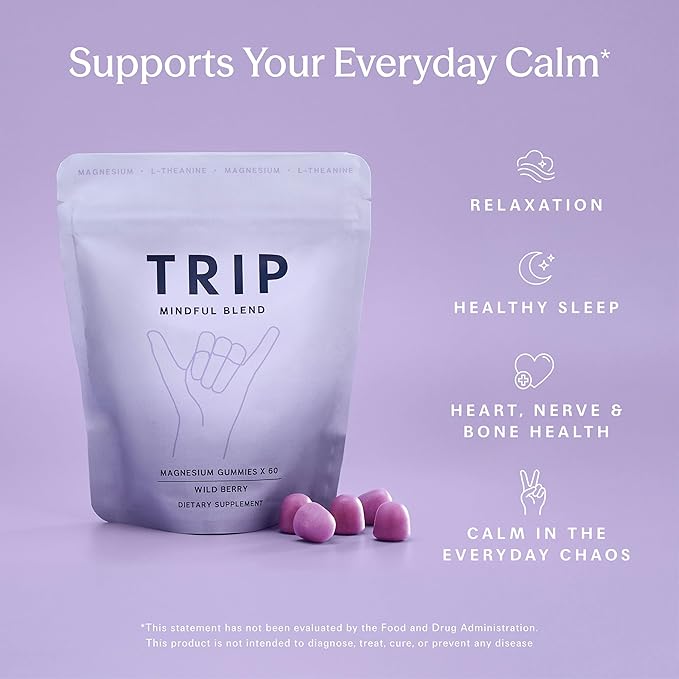 TRIP Magnesium Citrate Gummies Infused with L Theanine, Vegan, Sugar Free Magnesium Supplement for Adults, 180mg per Serving, On The Go Gummy, Wild Berry Flavor, 1 Bag - 60 Count