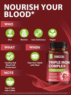 Iron Supplement for Women & Men, 3-in-1 65mg Iron Pills, Bisglycinate, Sulfate, Carbonyl Iron with Vitamin C, Enhanced Absorption, Energy, Red Blood Cell Support, Gentle, 60 Tablets