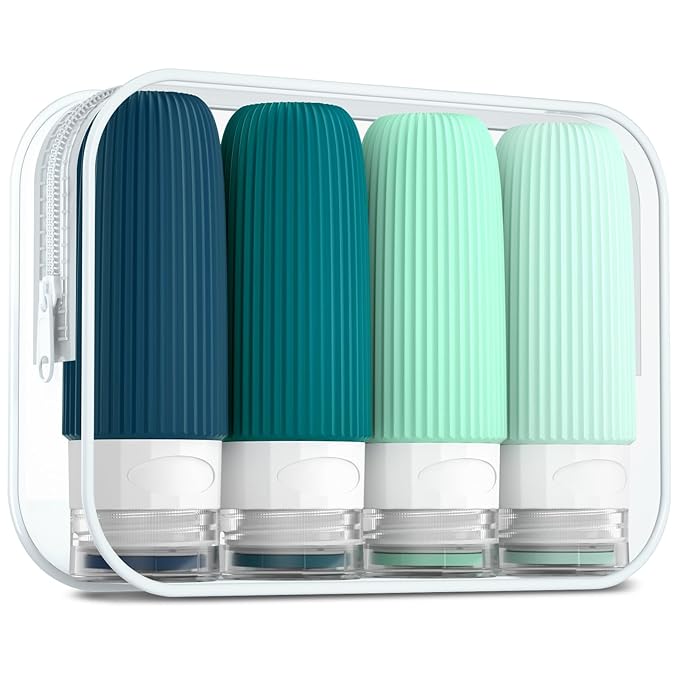 Mrsdry Travel Bottles for Toiletries, Tsa Approved 2oz Travel Bottles, BPA Free Leak Proof Travel Size Toiletry Containers, Refillable Travel Accessories with Toiletry Bag for Shampoo Liquid (4 Pack)