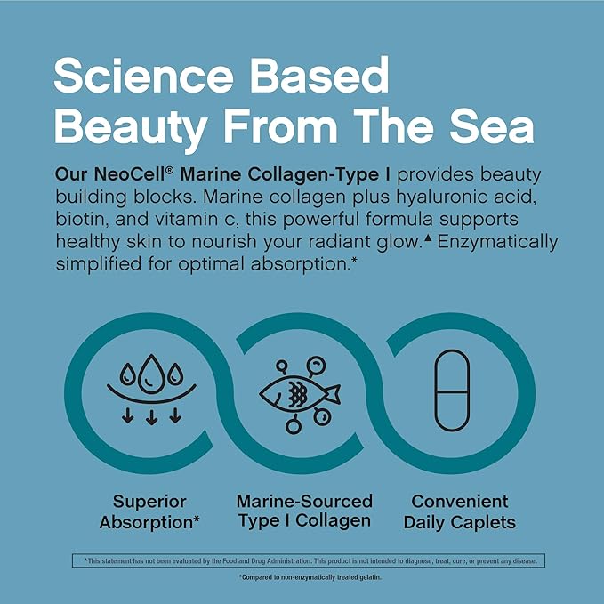 NeoCell Marine Collagen Peptides Supplement | 180 Caplets | with Hyaluronic Acid | Double Strength Formula | Nails, Skin, & Hair