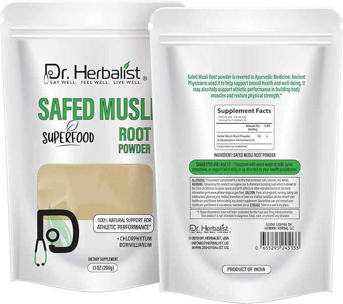 Dr. HERBALIST | 100% Natural Safed Musli Powder 200g (7.05 oz) | Premium Quality for Traditional Use, DIY, Herbal Blends & Wellness Rituals