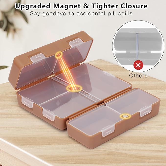 FYY Daily Pill Organizer, 7 Compartments Portable Travel Pill Case, [Folding Design] for Purse Pocket to Hold Vitamins,Cod Liver Oil,Supplements and Medication-Brown