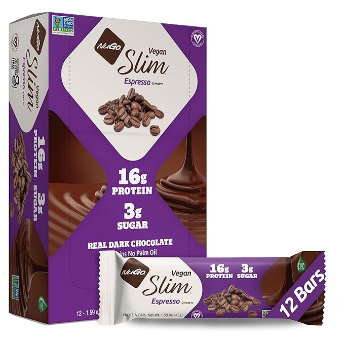 NuGo Slim Dark Chocolate Espresso, 16g Vegan Protein, 3g Sugar, 7g Fiber, Low Net Carb, Keto Friendly, Gluten Free, 12 Count