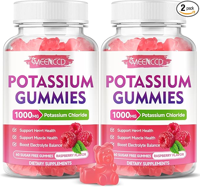 2 Pack Potassium Gummies, Potassium Chloride for Adults, Sugar-Free Potassium Supplement Gummies Support Electrolyte Balance for Women & Men, Raspberry Flavor, 120 Count
