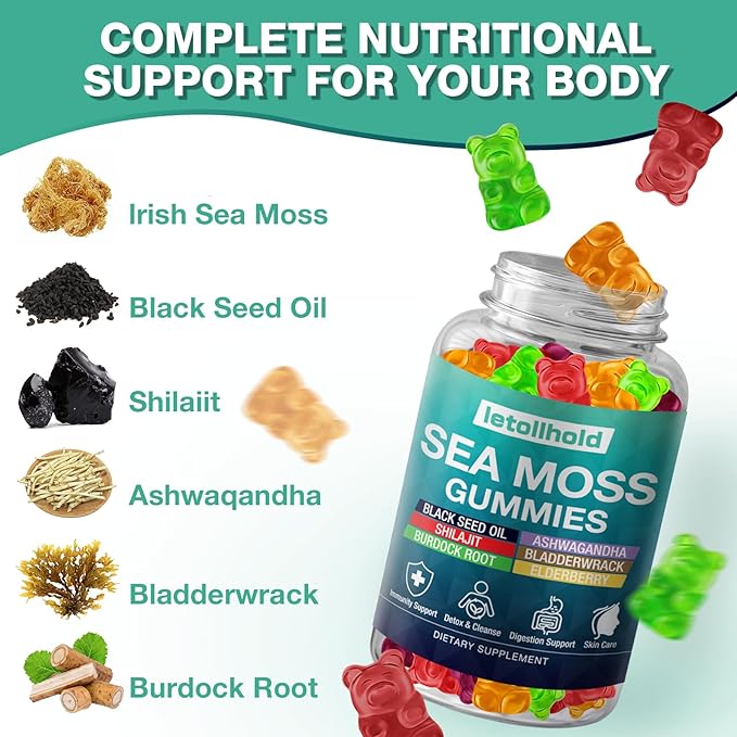 Sea Moss Gummies - Irish Sea Moss Gummies Advanced for Adults with Ashwagandha Bladderwrack & Burdock Root for Supports Immune，Energy - 60 Vegan Gummy,4PCS