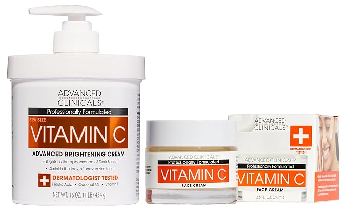 Advanced Clinicals Brightening Vitamin C Body Cream + Potent Vitamin C Face Moisturizer Gel Cream 2pc Skincare Set For Women & Men To Diminish Appearance Of Dark Spots, Wrinkles, & Dry Skin, 2pc Set