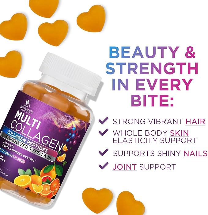 Collagen Peptides Gummies with 2500mcg Biotin Per Serving - Hair Growth, Skin & Nails Supplement - Hydrolyzed Collagen Multi Type I & III, Vitamin C for Immune Support, Orange Flavor, 120 Gummies
