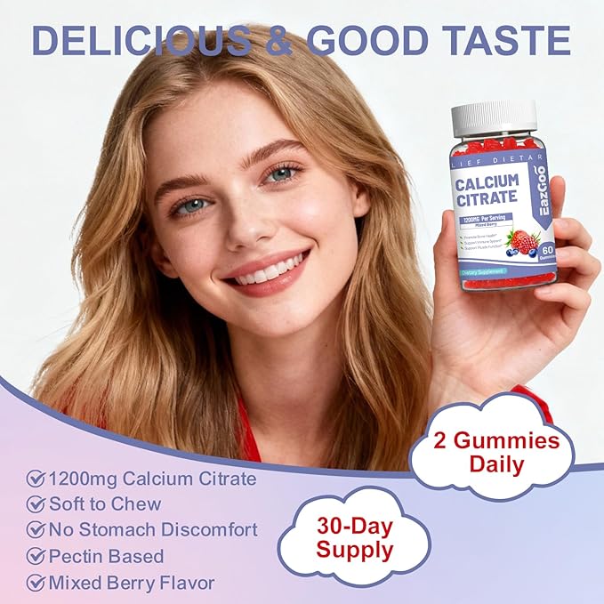 Calcium Citrate Gummies, Chewable 1200mg Calcium Gummies for Women & Men, Calcium Supplement for Muscle & Immune Support, High Absorption, Sugar Free, Mixed Berry Flavor, 60 Count