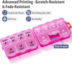 Foldable & Portable Weekly Pill Organizer 2 Times a Day with Clear Printed Labels - 7 Day AM PM Medicine Box, Week Daily Travel Pill Case Holder for Medications, Vitamin, Supplement - Clear Pink
