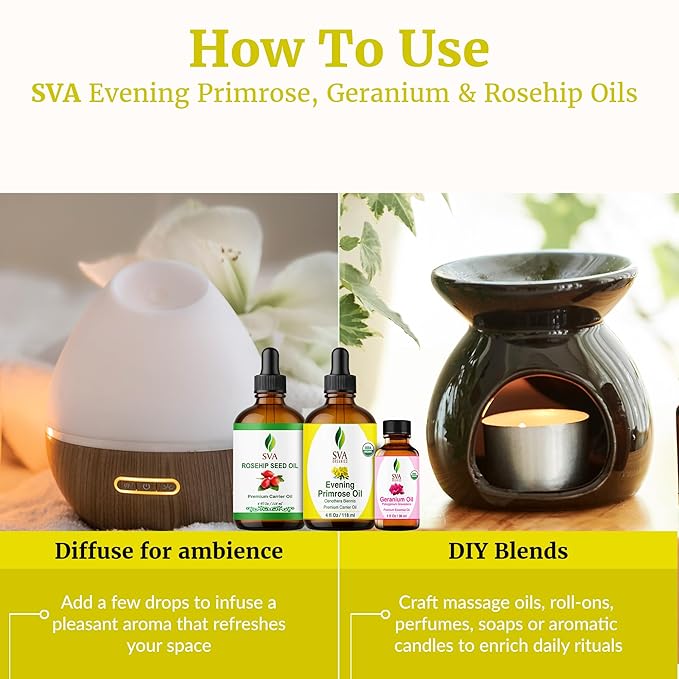 SVA Evening Primrose, Geranium, and Rosehip Oil 4 oz Bundle Super Saver Combo – Premium Grade Bundle Set for Hair Oiling, Scalp Massage, Hair Care, Face, Skin Care and Body Massage