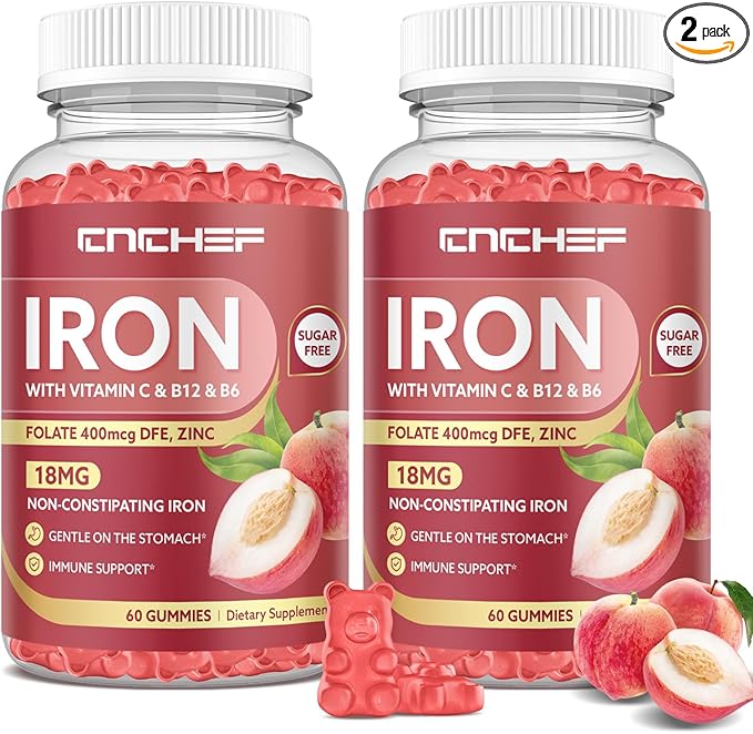 2PCS Iron Supplement for Women & Men Gummies, Multivitamin Blood Builder Iron Supplement with Folate Vitamin C B12 B6 Zinc for Adults & Kids - Energy Support - Peach Flavor, Vegan 120 Gummies