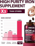 Iron Supplement for Women Men, High Potency Iron 65mg with Vitamin C 250mg, Stomach Friendly Iron Pills for Red Blood Cell & Immune Support, Vegan, Non-GMO & Gluten Free, 90 Tablets