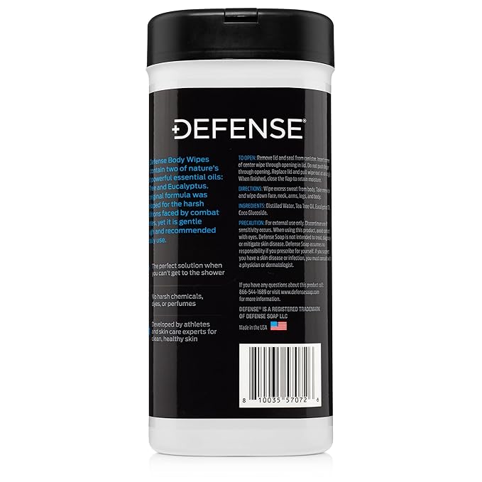 Defense Soap All Natural Body Wipes 2PK with Tea Tree Oil | Wrestling, Combat, Camping, Gym, Post Workout Shower Wipes for Men and Women. 40 Count (Pack of 2)