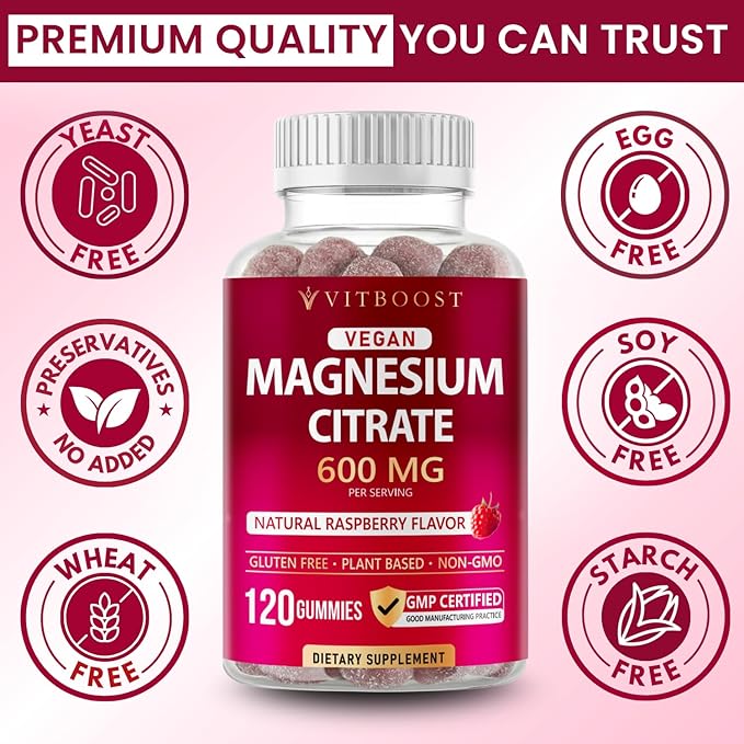 Vitboost Magnesium Citrate Gummies 600mg - 120 Count Vegan Magnesium Gummies for Relaxation & Muscle Support - Natural Raspberry Flavor - Non-GMO, Gluten Free, Plant Based