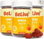 BeLive Organic Omega 3 Gummies - 180 Ct I Vegan Omegas 3 6 7 & 9 from Flaxseed Oil & Sea Buckthorn Fruit Oil, for Kids & Adults, Full Body, Brain & Eye Support, Sugar Free – Peach Flavor