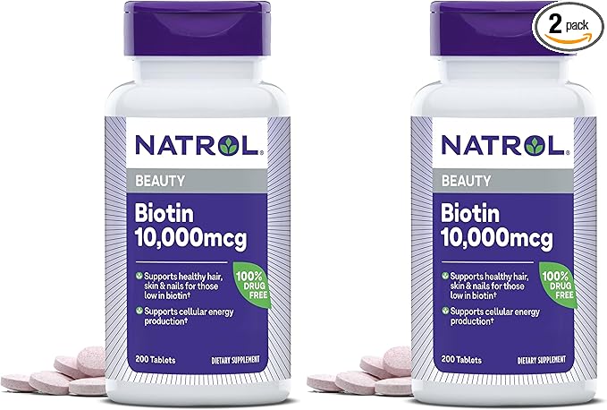 Natrol Biotin 10000mcg, Supplement for Healthy Hair, Skin and Nails for Those Low in Biotin, Plus Energy Metabolism Support, 200 Tablets, Up to a 200 Day Supply,(Pack of 2)
