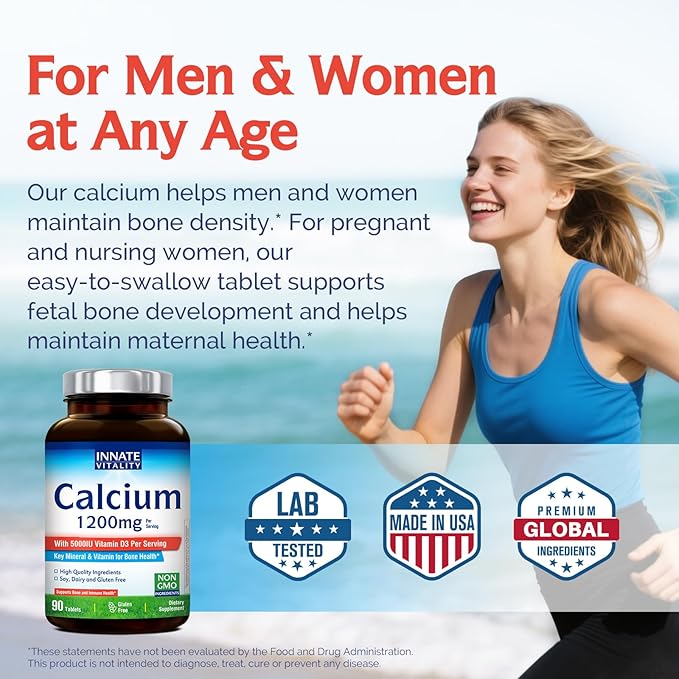 Innate Vitality Calcium 1200 mg with Vitamin D3, 5000IU Vitamin D3, Absorbable Calcium Supplement, Non GMO, No Gluten, for Bone, Immunity, 90 Tablets