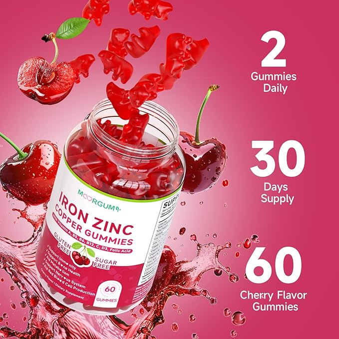 Iron, Zinc, Copper Supplements for Women & Men, Mineral Gummies with Vitamin A, B5, B6, C, D3, B12 for Adults, Kids, Promote Energy, Support Immunity, Bone Health, Sugar Free, Cherry Flavor, 120 Count