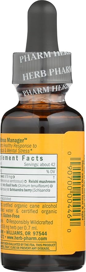 Herb Pharm Stress Manager: Adaptogenic Stress Support Tincture, Rhodiola Rosea, Holy Basil Extract, Reishi Mushroom Extract, Adrenal Function Support, Vegan, Non-GMO, 1 Oz - Packaging May Vary