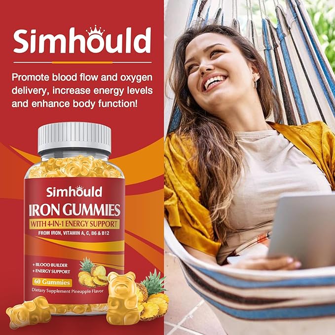 2 Pack Vegan 80MG Iron Supplement Gummies for Women & Men - Vitamin A, C, B for Adults & Kids - Blood & Builder & Energy Support for Iron Deficiency, Anemia, 120 Counts Pineapple Flavor Gummies