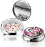 WLLHYF Pill Box Cute Small Pill Box for Purse & Pocket Medicine Organizer Travel Pillbox Waterproof Pill Case Metal Pill Container Holder for Vitamins, Fish Oil, Supplements (Silver Peony)