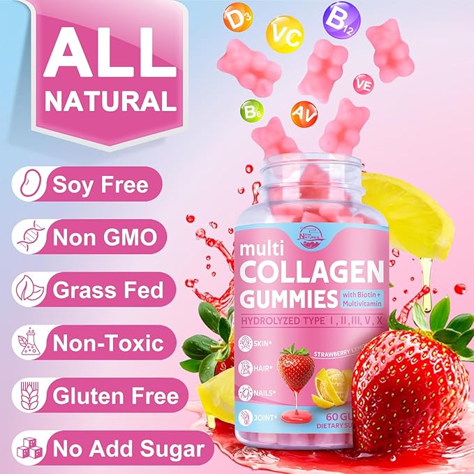 Nature's live Multi Collagen Peptides Gummies, Type I, II, III, V, X - Hydrolyzed Collagen Peptides with Biotin, Hyaluronic Acid, Supports Healthy Skin, Strong Nails & Thick Hair, 60 Count, 2 Pack