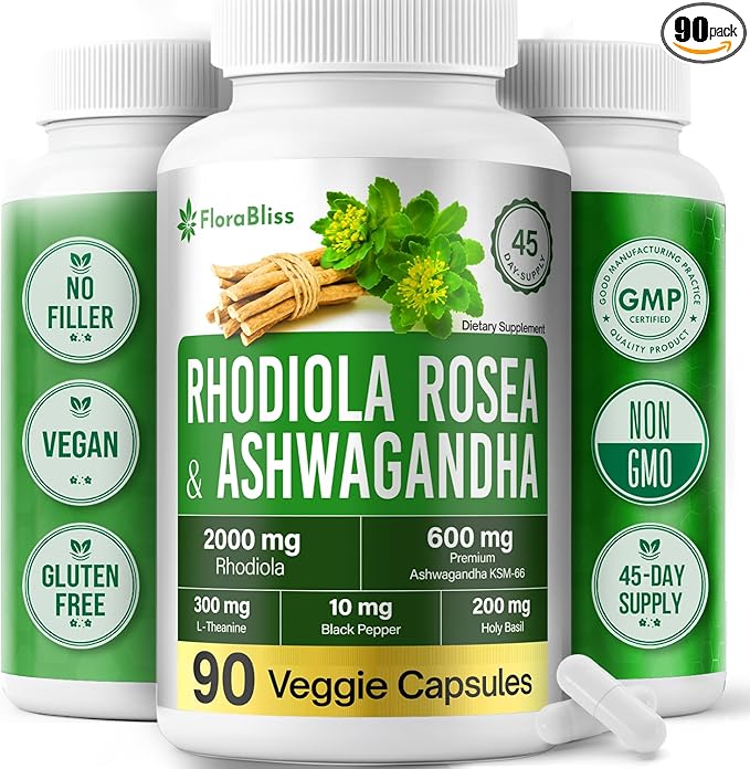 FloraBliss Rhodiola Rosea with Ashwagandha KSM-66, L-Theanine, Holy Basil & Black Pepper - 90 High Potency Vegan Capsules - 45-Day Supply