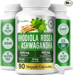 FloraBliss Rhodiola Rosea with Ashwagandha KSM-66, L-Theanine, Holy Basil & Black Pepper - 90 High Potency Vegan Capsules - 45-Day Supply