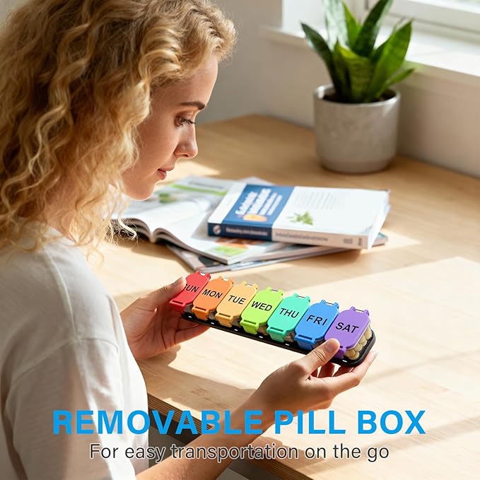 Extra Large Weekly Pill Organizer 7 Day - Portable Daily Pill Box with 7 Detachable Compartments, Vitamin Holder and Medicine Organizer for Supplements, Home and Travel, Rainbow