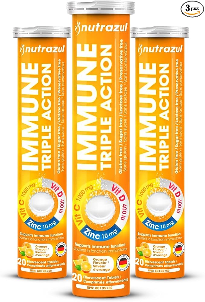 nutrazul Immune Triple Action Effervescent Tablets with Vitamin C 1000mg, Vitamin D, Zinc, Support Daily Routine, Gluten-Free, Sugar-Free, Lactose-Free, Orange Flavor, 20 Tablets, (Pack of 3)