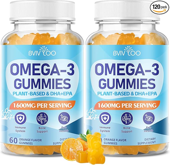 2 Pack Vegan Omega-3 Gummies - 1600mg with 600mg EPA & 400mg DHA. High Absorption Formula. Delicious Orange Flavor - 120 Gummies