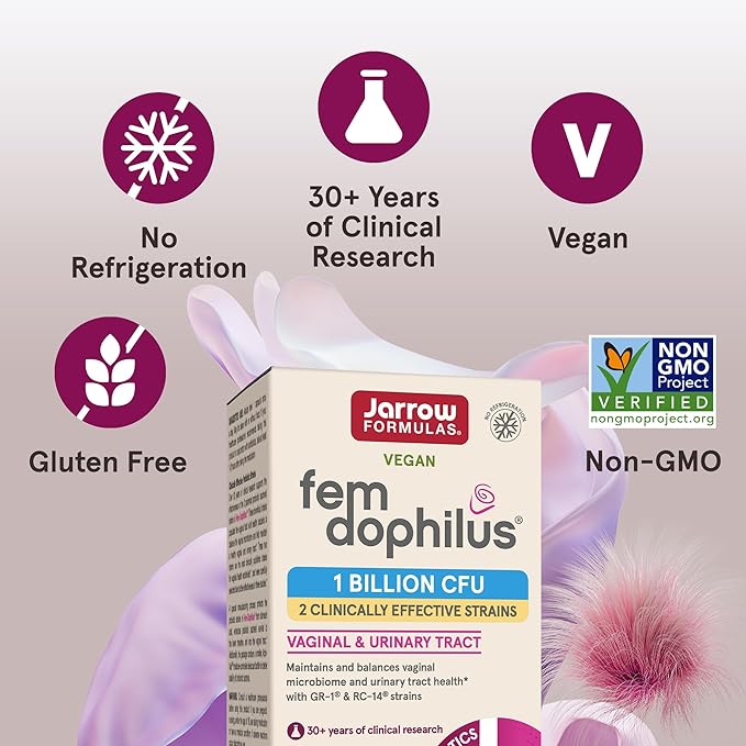 Jarrow Formulas Fem-Dophilus Probiotics 1 Billion CFU with 2 Science-Backed Strains, Dietary Suppl for Vaginal and Urinary Tract Supp,60 Veggie Caps,Up to a 60 Day Supply, Shelf-Stable,12 Packs