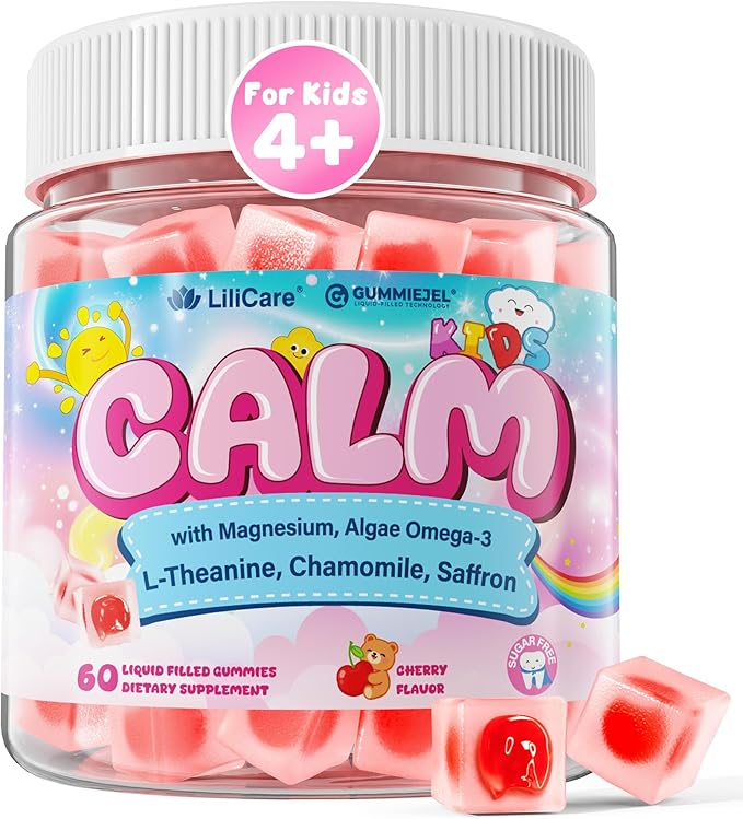 Kids Calm Magnesium Bisglycinate Saffron Gummies + Vegan Omega 3 - Magnesium Glycinate Chelated Supplement for Kids w/L-Theanine & Chamomile, Natural Calming Supplement Focus Gummies Sugar Free, 60ct
