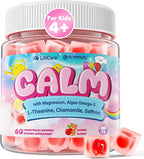 Kids Calm Magnesium Bisglycinate Saffron Gummies + Vegan Omega 3 - Magnesium Glycinate Chelated Supplement for Kids w/L-Theanine & Chamomile, Natural Calming Supplement Focus Gummies Sugar Free, 60ct