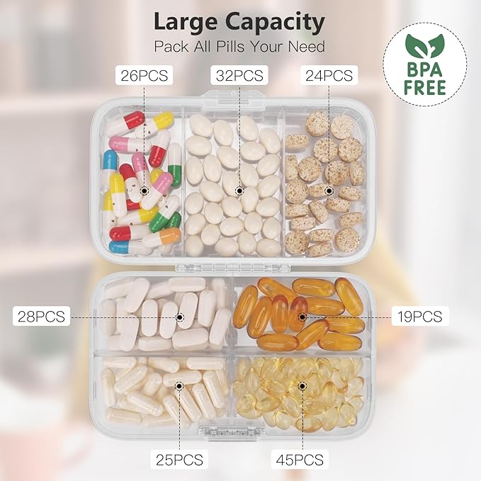 FYY Weekly Pill Organizer with Labels,8 Compartments Travel Daily Pill Case Airtight Moistureproof Large Pill Box to Hold Vitamins, Fish Oil, Supplements,Cotton Swab and Bandages-Clear
