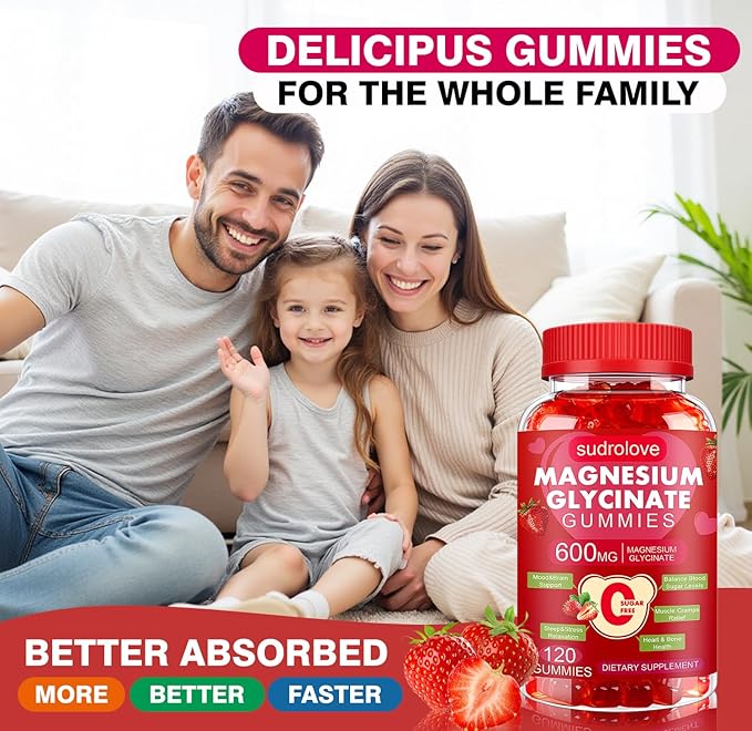 Magnesium Glycinate Gummies 600mg – Sugar Free Magnesium & Potassium Dietary Supplement with Vitamin D, B6 and CoQ10 for Calm Support & Sleep for Adults - High Absorption -Strawberry Gummies