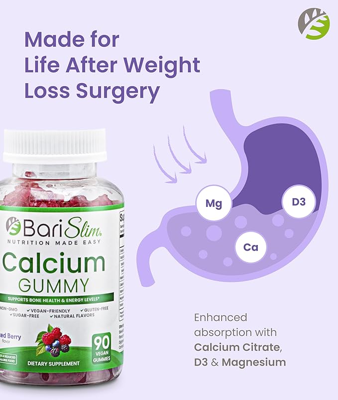 BariSlim Bariatric Calcium Gummies - Specially Formulated Bariatric Vitamins for Patients After Weight Loss Surgery - Supports Energy Levels & Bone Health | Mixed Berry (90 Vegan Gummies)