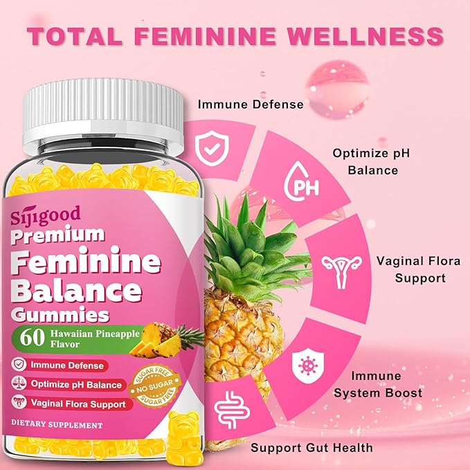 Feminine Balance Gummies for Women, Premium PH Balance Supplement with Vitamin C & D for Women's Vaginal Health & Immune Support, Vegan, Pineapple Flavor, 120 Count
