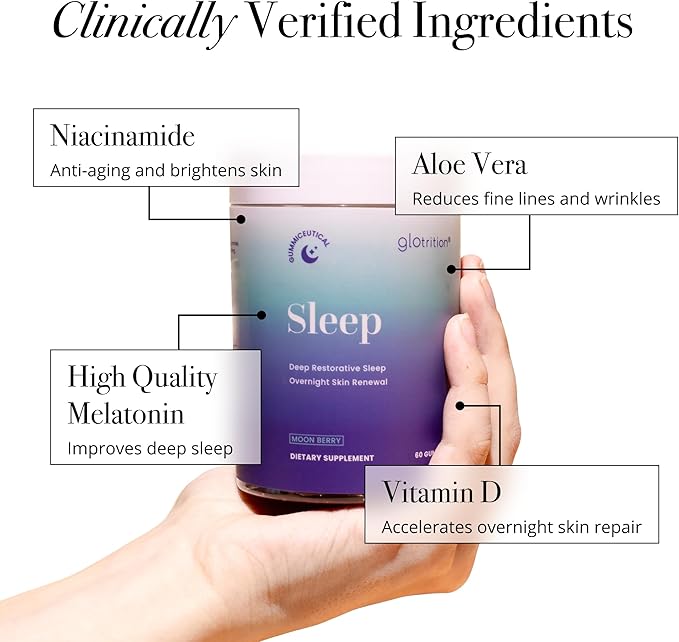 Glotrition Beauty Sleep Gummy | Deeper, Higher Quality Sleep | Rejuvenate & Moisturize Skin at Night | Non-Habit Forming with Natural Ingredients | 60 Gummies