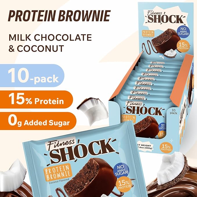 Fitness SHOCK Coconut Protein Brownie - No Added Sugar, 7.5g Protein, Low Carb Guilt-Free Dessert - 0g Added Sugar, 10g Net Carbs, 5g Fiber, Non-GMO, Almond Flour - 10 x 50g