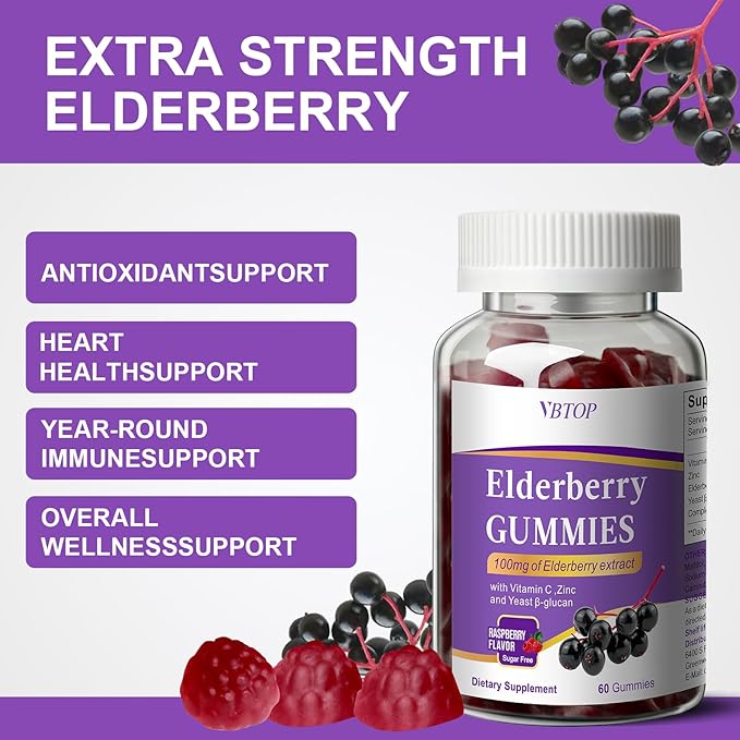 5-in-1 Sambucus Elderberry Immune Gummies, Daily Immune Support for Adults & Kids 4+, with Vitamin C, Zinc, Gluten Free, Vegetarian, Natural Sugar-Free Elderberry Supplement, 60 Gummies