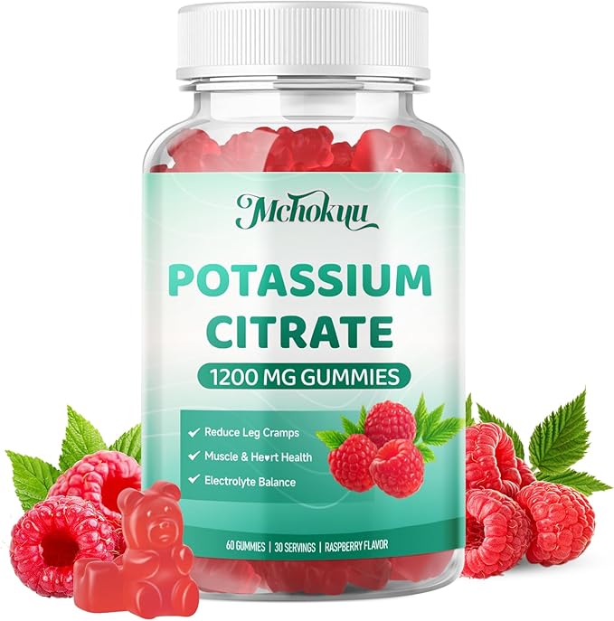 Potassium Citrate Supplement Gummies, Potassium Supplements for Women & Men, Helps Maintain Muscle Wellness & Electrolyte Balance, Vegan, Raspberry Flavor, 120 Count Potassium Gummies