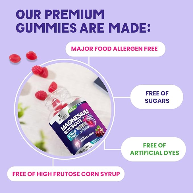 Magnesium Glycinate Supplement Gummies - Magnesium Supplement with Bone Muscle Heart Health & Sleep Support - Gentle on Stomach & Chelated for Max Absorption - Grape Flavor & Sugar Free - 60 Gummies
