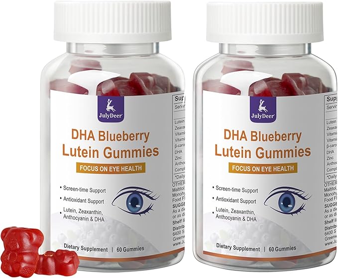 JulyDeer 2 Packs Lutein and Zeaxanthin Gummies Supplements Support Eye Health, 9 in 1 with 8mg Lutein & 1.6mg Zeaxanthin, Eye Support | Non-GMO, Vegan | Sweet Orange Flavor | 120 Gummies