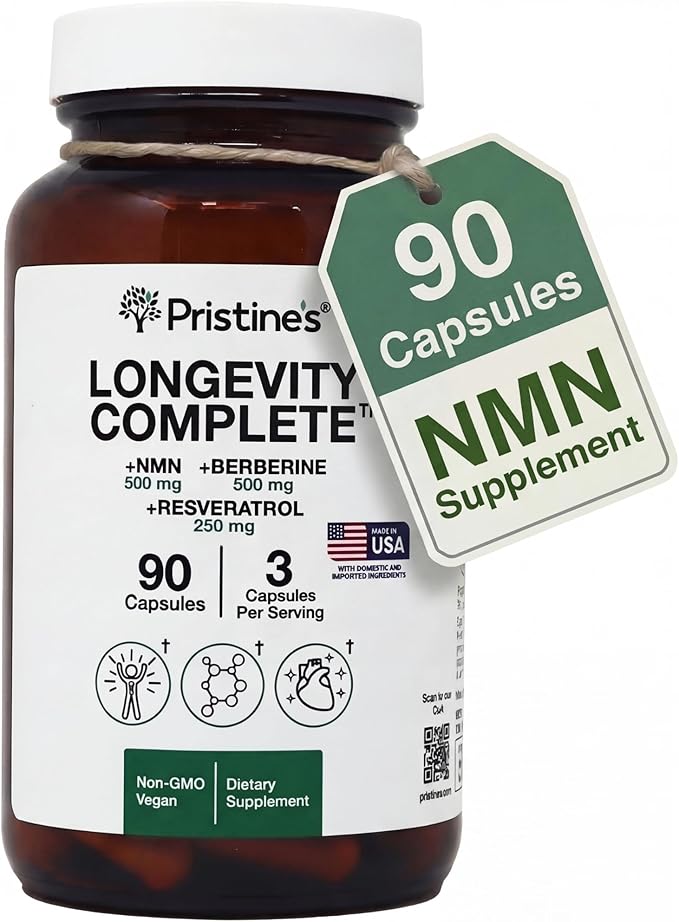 PRISTINE'S Longevity Complete Anti Aging NMN Complex - Advanced Cellular Support - NMN 500mg, Berberine 500mg, Resveratrol 250mg, Healthy Aging, Autophagy & NAD+ Support - Glass Bottle