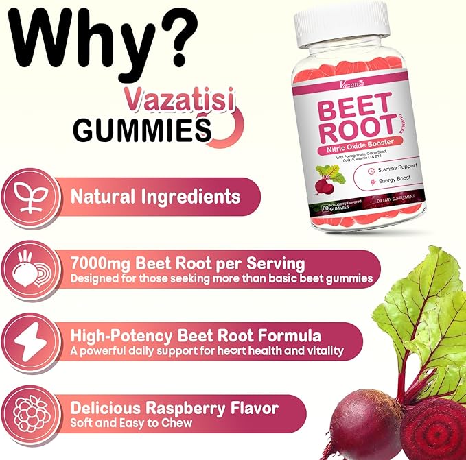 Beet Root Gummies – Nitric Oxide Beetroot Gummies with Coq 10, Grape Seed, Pomegranate for Circulation & Energy Support – Vegan, Non-GMO, 120 Beet Chews